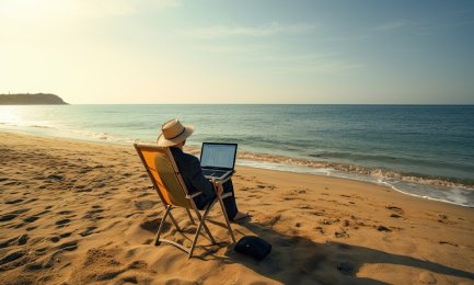 Man working on laptop on the beach in the morning. work life balance concept. Generative AI