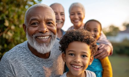 Smiling multi-generational family enjoying a sunny day outdoors, capturing joyful moments together.