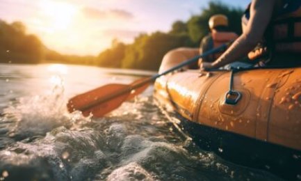 Two people kayaking at sunset
