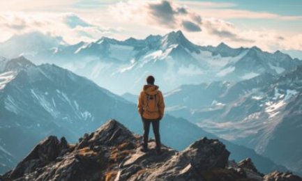 Sunrise triumph: A happy man reaches new heights, standing tall on a mountain summit, embracing the morning glow.