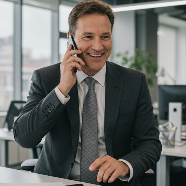 Person wearing a dark business suit and tie, sitting at a desk in a modern office, holding a smartphone to the ear.