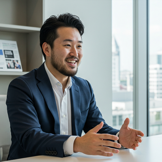 Person in a dark business suit sitting at a desk in a modern office