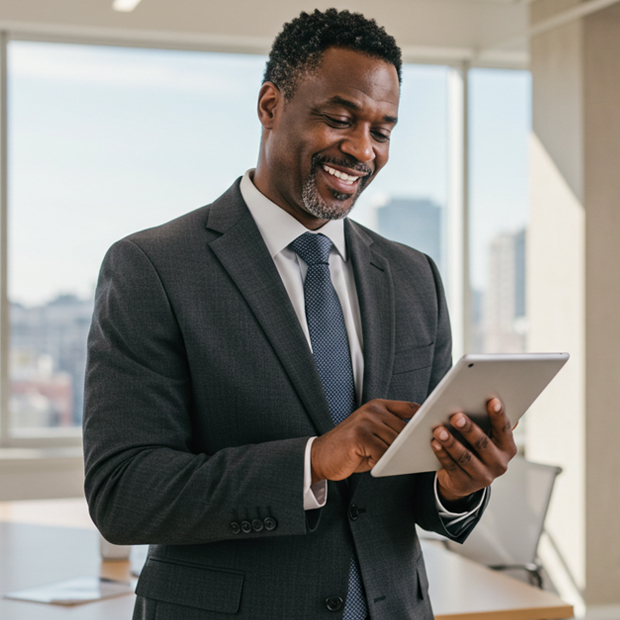 Person wearing a dark business suit with a white shirt and tie, holding and using a tablet