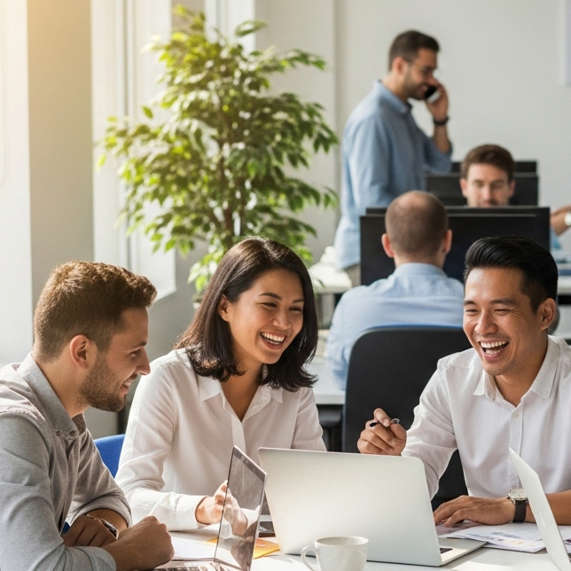 Group of professionals collaborating around a laptop
