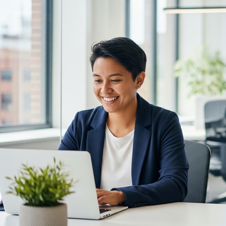 Person smiling and working on a laptop